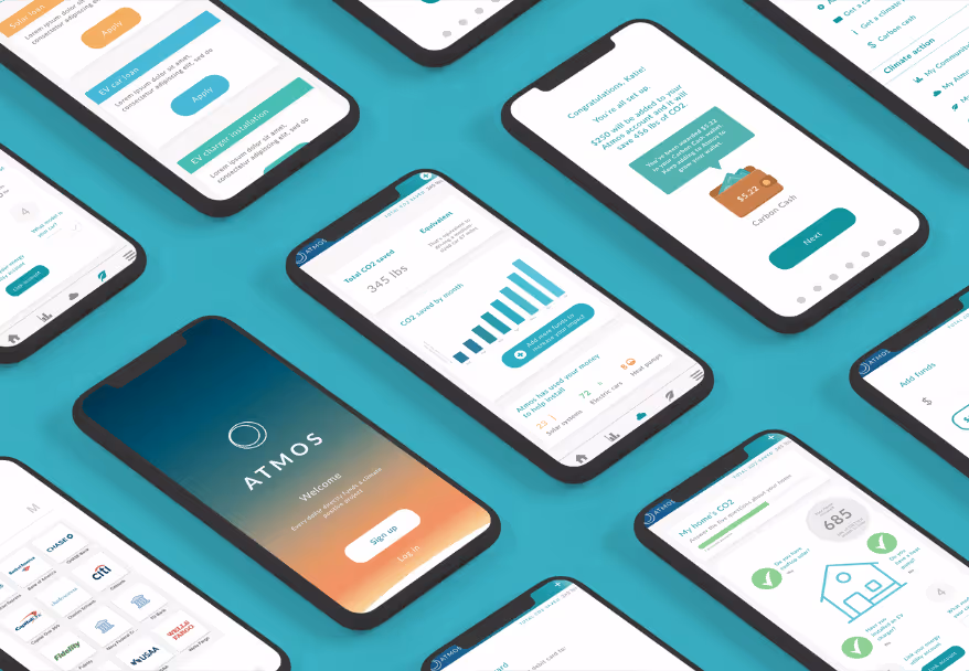 Multiple smartphones displaying various screens of the Atmos app, including sign-up, carbon savings, rewards, and financial features, on a teal background.