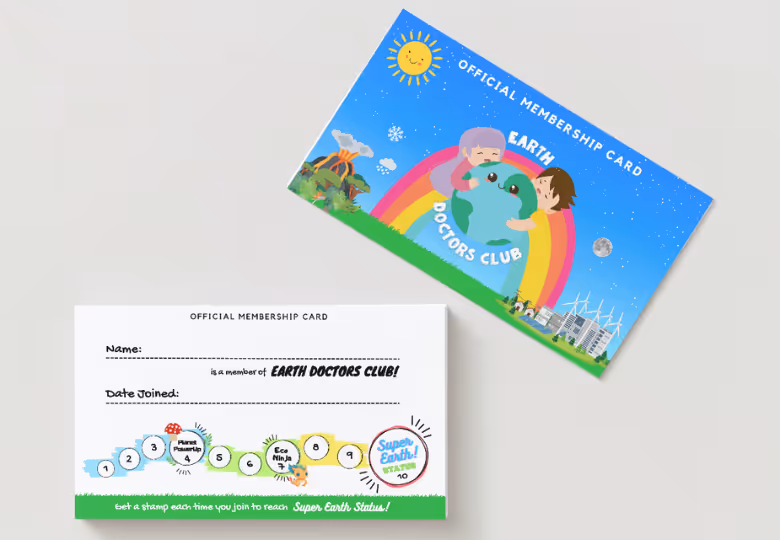Front and back of an Earth Doctors Club official membership card featuring a smiling Earth with children hugging it, a rainbow, sun, moon, volcano, and wind turbines, plus spaces for stamps and member info.