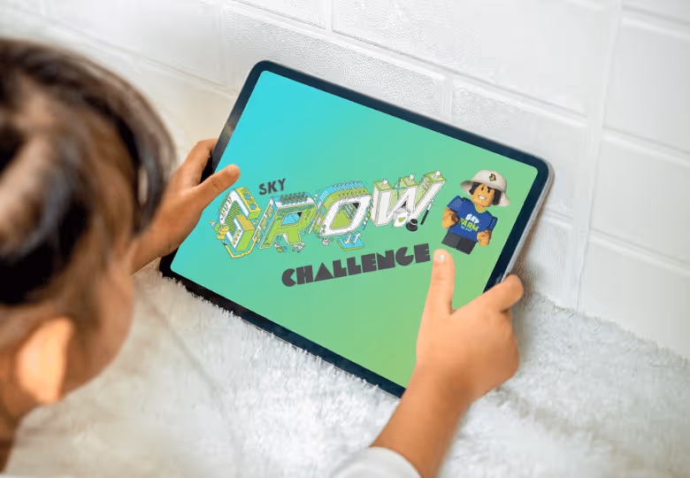 Child holding a tablet displaying the text 'Sky Grow Challenge' with a character wearing a hat and blue shirt on screen.