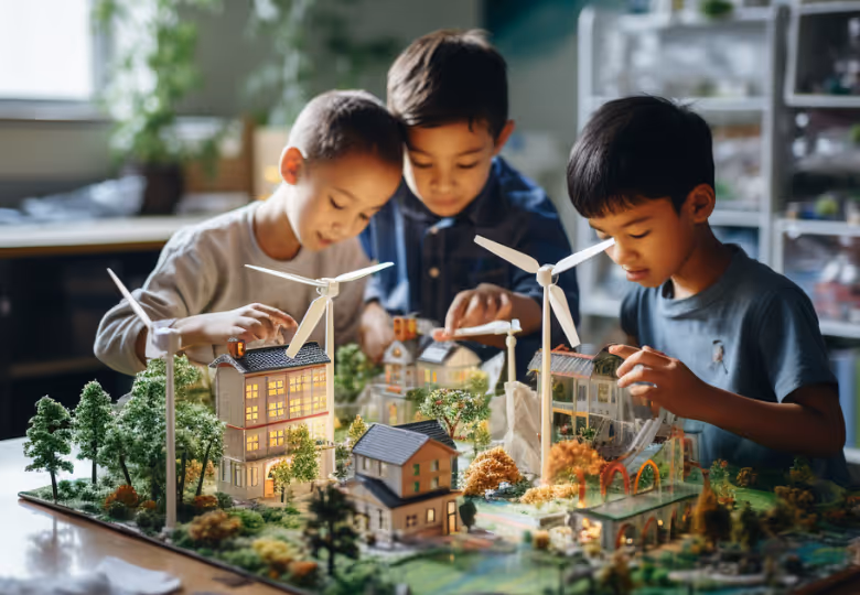 Three boys closely examining a detailed scale model of a sustainable village with miniature houses, wind turbines, and trees.