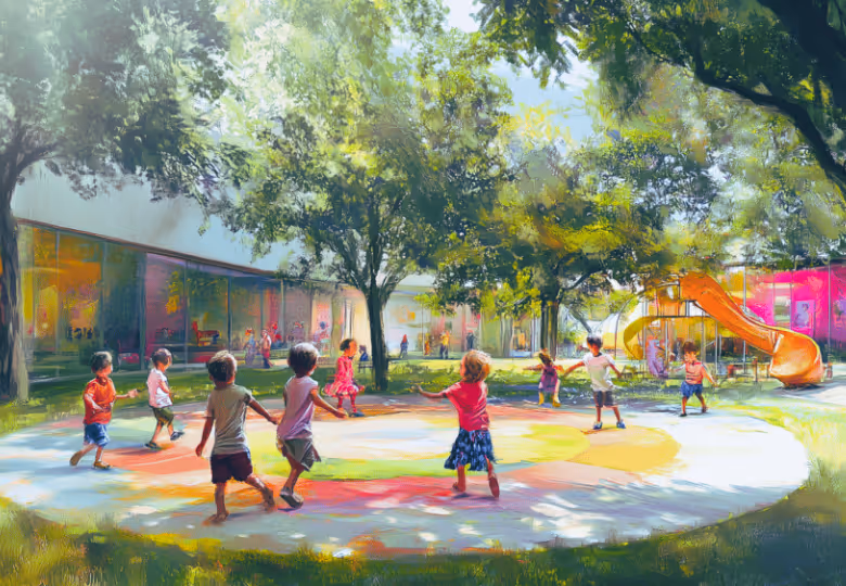 Children playing in a colorful circular area on a playground surrounded by trees and buildings with large windows.