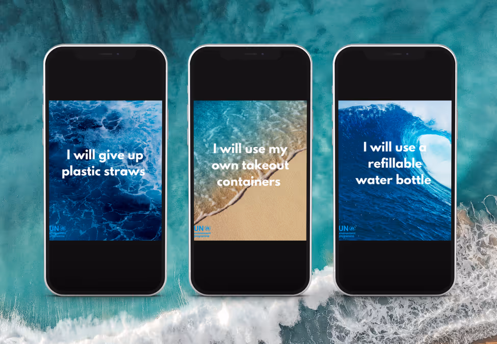 Three smartphones display ocean-themed commitment messages: giving up plastic straws, using own takeout containers, and using a refillable water bottle.