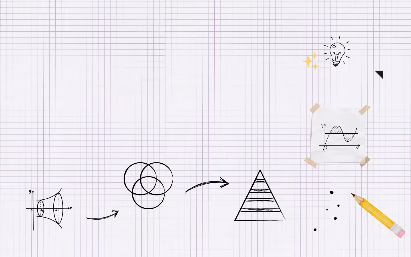 Hand-drawn sequence showing a graph with a shaded area, overlapping circles, and a striped pyramid on grid paper, with a taped note of a sine wave graph and a pencil.
