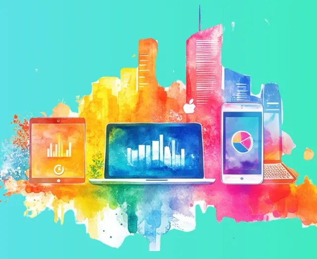 Watercolor-style illustration of a tablet, laptop, smartphone, and desktop computer with colorful charts on screens against a city skyline background.