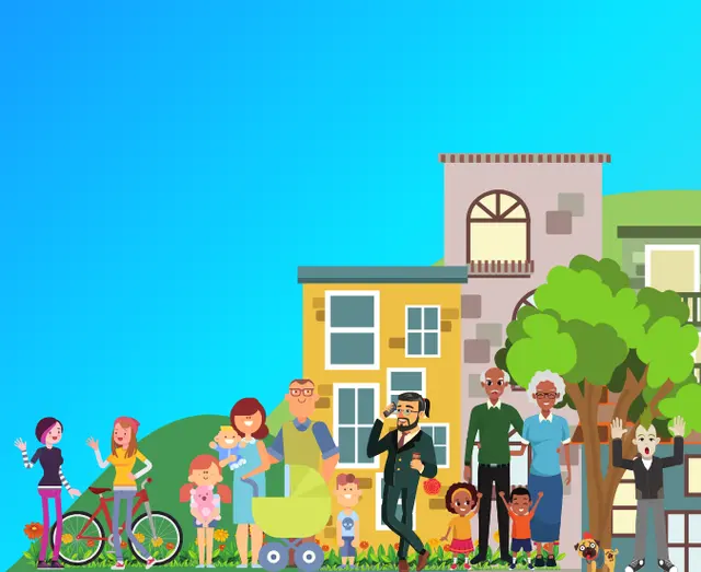 Illustration of a diverse multigenerational family standing and smiling in front of houses with a bicycle, stroller, children, adults, and a dog.