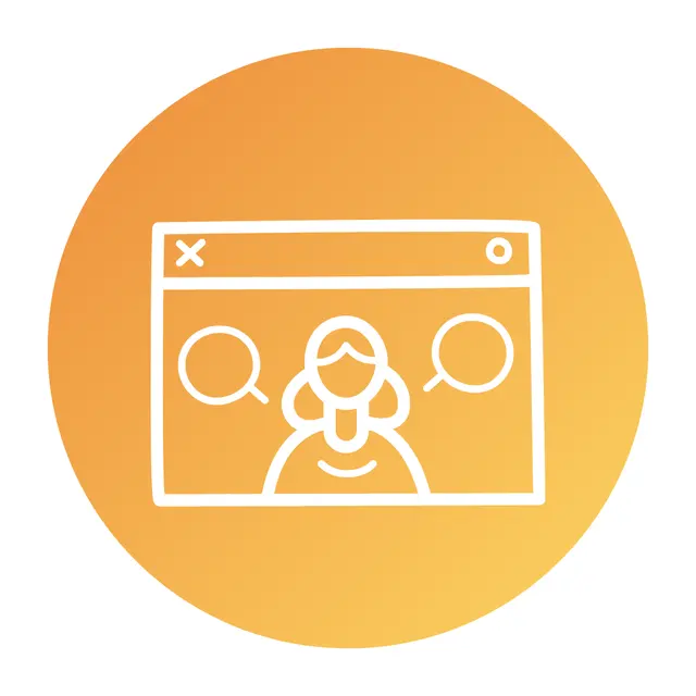 White line icon of a female video chat in a browser window on an orange circular background.