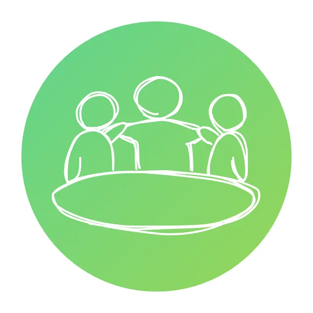 White line drawing of three people sitting and connecting arms over an oval table on a green circular background.