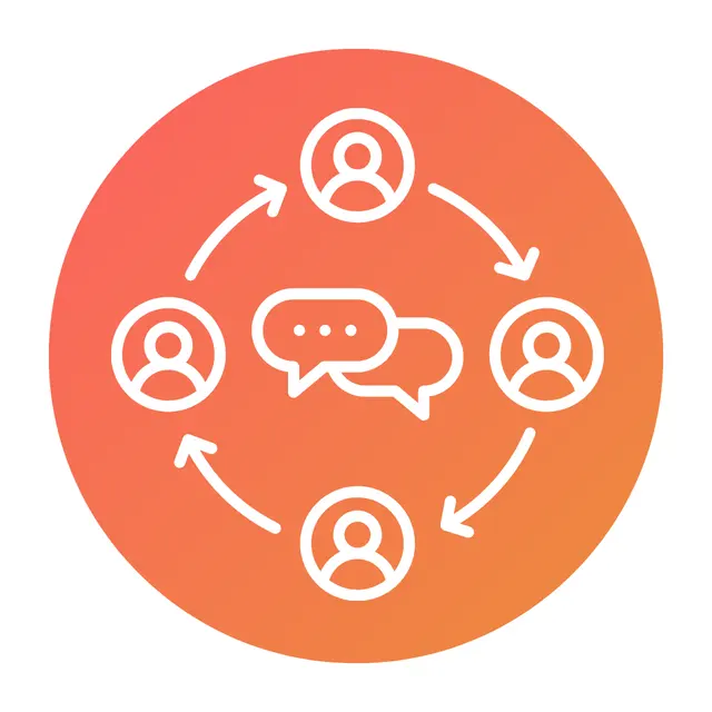 Four user icons connected by arrows forming a circle around two overlapping speech bubbles, symbolizing communication and collaboration.