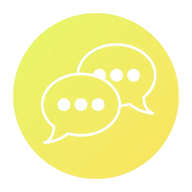 Two white speech bubbles with three dots inside each, on a yellow circular background.