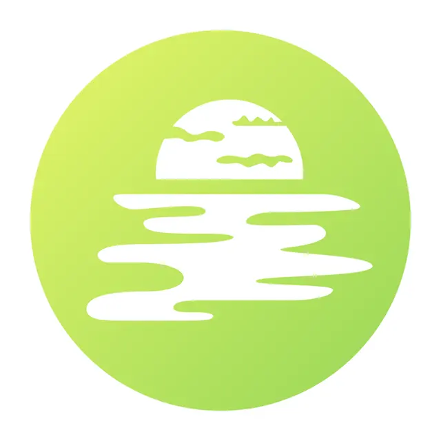 White silhouette of a sun setting over water with clouds, inside a green circular background.