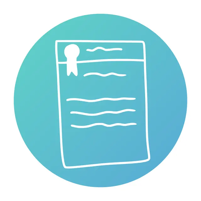 Icon of a certificate or document with a ribbon seal on a blue-green circular background.