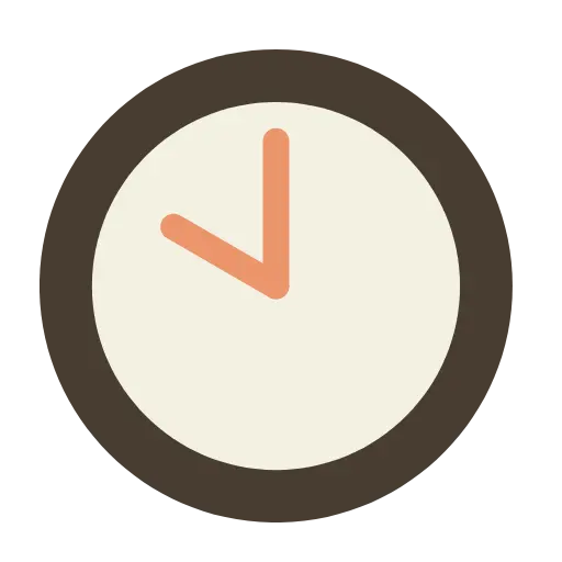 Simple round clock showing 10:30 with orange hands on a beige face and dark brown background.