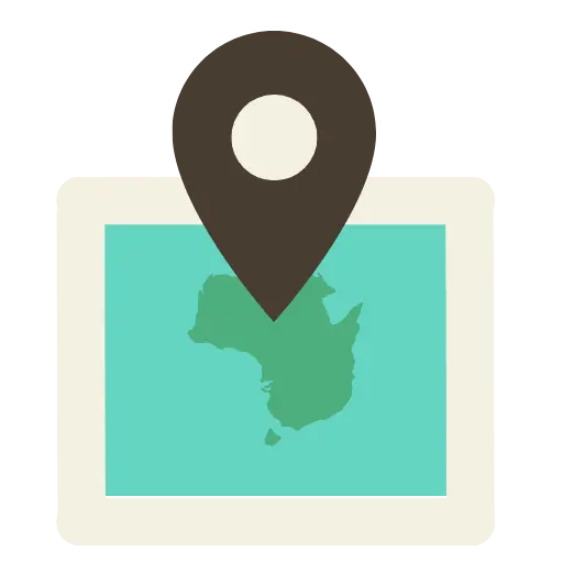 Location pin icon over a simplified green map on a teal and beige background.