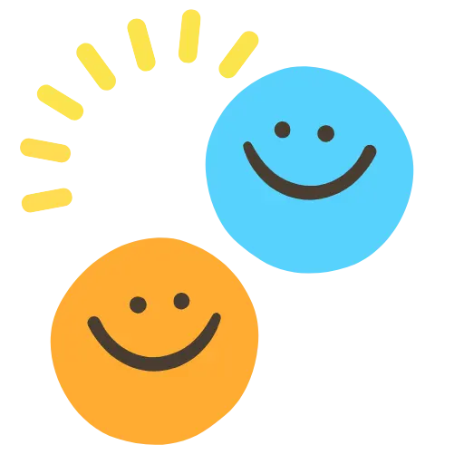 Two smiling faces, one blue and one orange, with yellow lines indicating a cheerful connection.