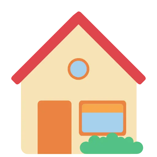 Simple illustration of a house with red roof, orange door, window, and green bushes in front.