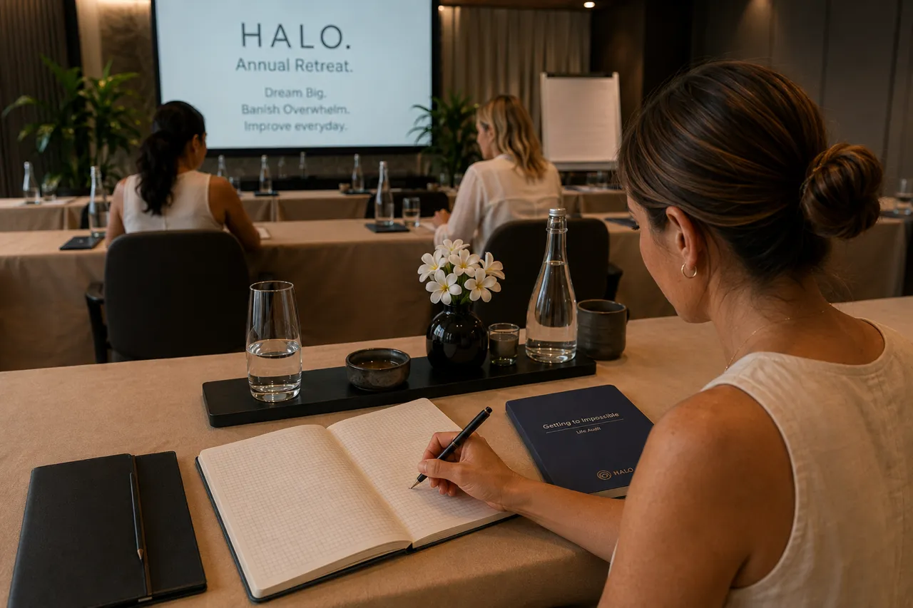 Three women sit at tables in a conference room during the HALO Annual Retreat, with a projection screen displaying the retreat's theme: Dream Big. Banish Overwhelm. Improve everyday. One woman in the foreground is writing in a notebook, which is on a table with a book titled 'Getting to Impossible,' a glass of water, a water bottle, and a small vase of white flowers.