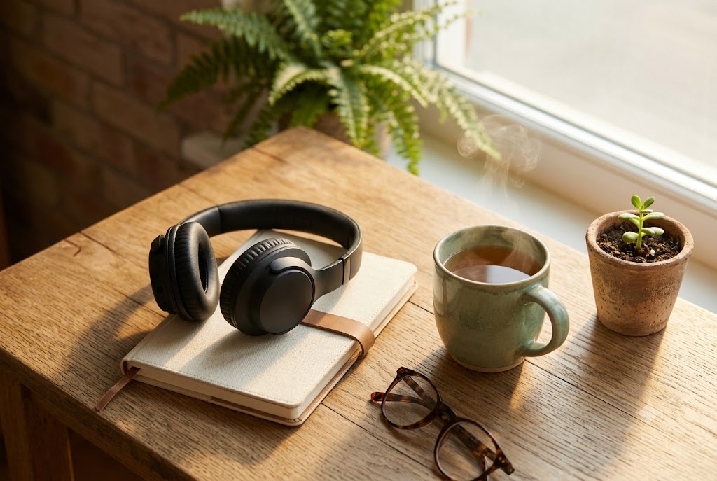 Close-up of a minimalist study or work-from-home setup featuring black headphones, a closed notebook, a warm mug of herbal tea, and reading glasses on a wooden surface