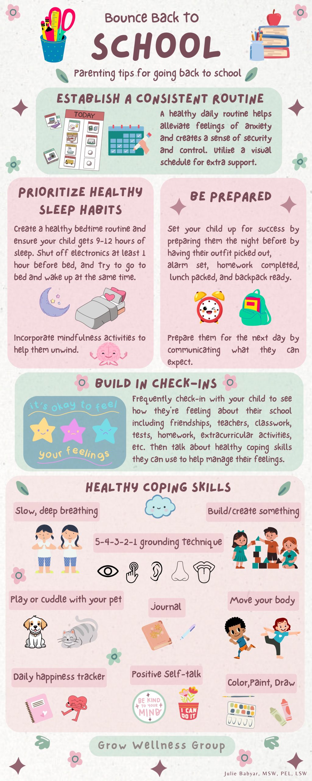 Grow Wellness Group infographic by Julie Babyar with back-to-school parenting tips on routines, sleep, and coping skills.