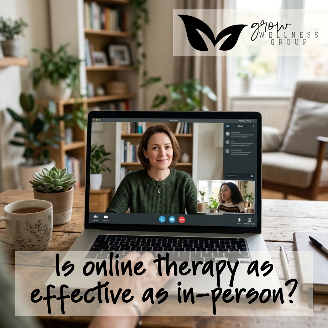 A close-up of a person's hands typing on a laptop during a virtual video therapy session with a female therapist, set in a warm, plant-filled home office