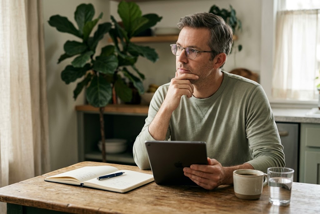 Client reading research on online therapy effectiveness before starting teletherapy