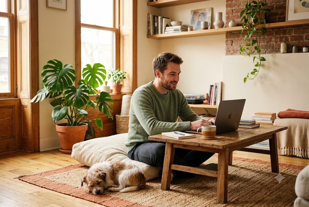 Young man in a relaxed online therapy session at home with Grow Wellness Group with his dog by his side