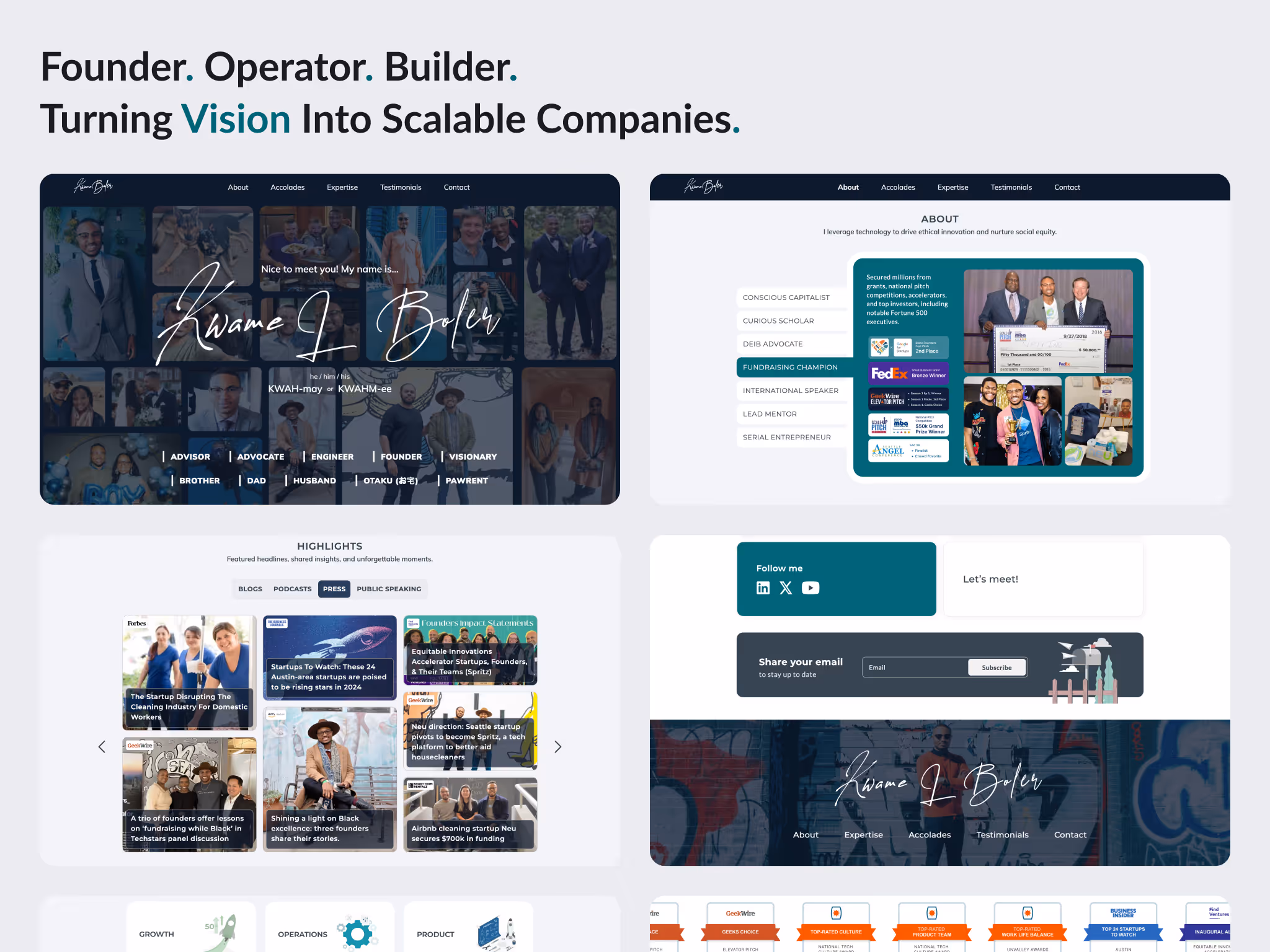 An entrepreneur and DEIB advocate's personal brand site, built in Webflow from a finished Figma design with its animation and interaction intact.