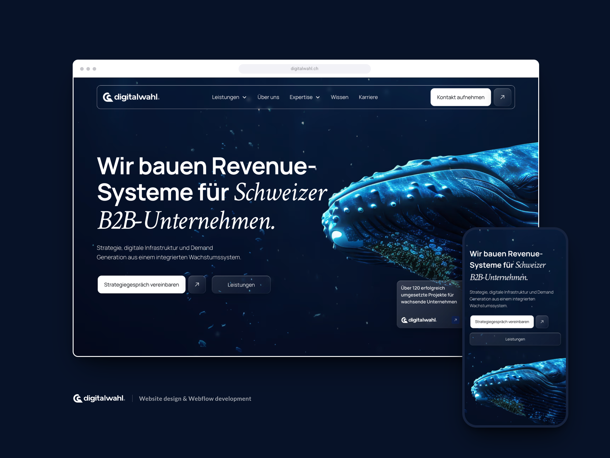 A Swiss B2B growth consultancy moving away from generic agency positioning, designed in Figma and rebuilt in Webflow as a structured, CMS driven site in German.