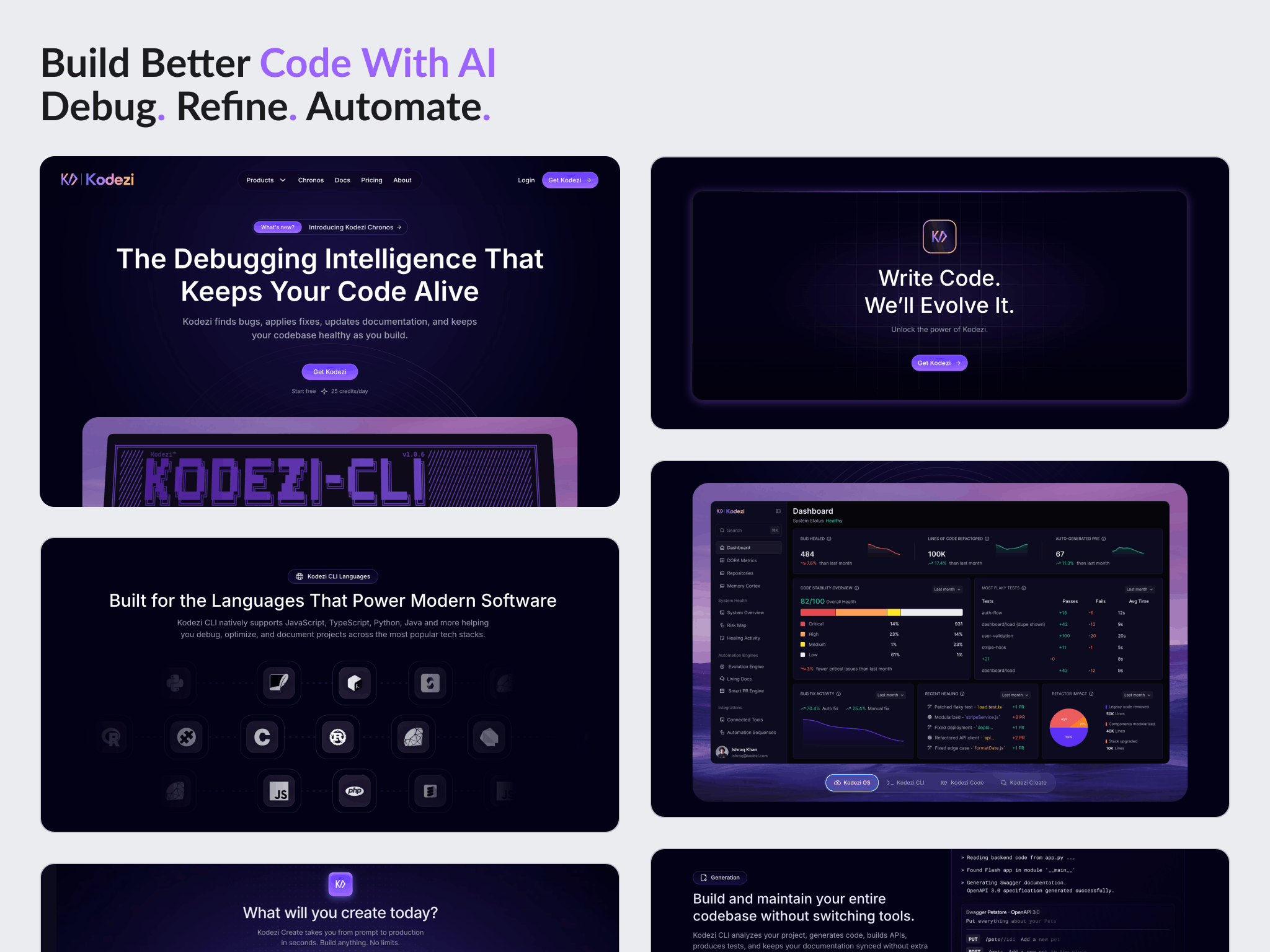 An AI developer tools company moved onto Framer, where a template starting point was rebuilt into distinct product interfaces for Kodezi CLI, Code and OS.
