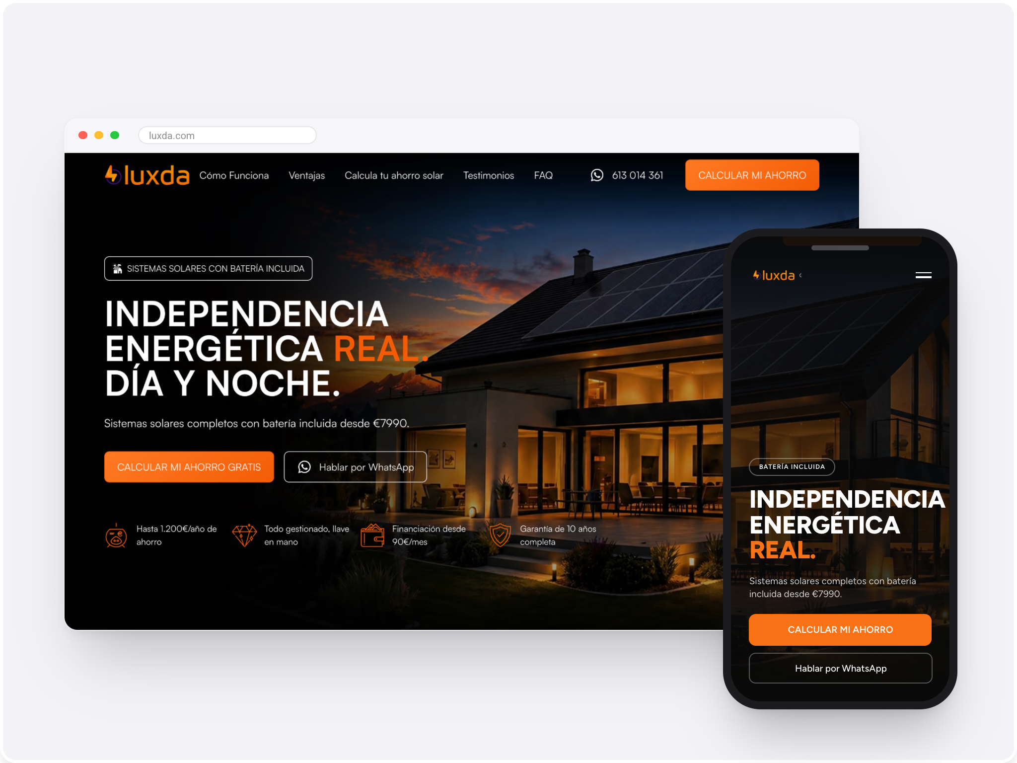 A solar and battery brand in Spain, built around a six step calculator that turns a decision worth around 10,000 euros into a guided conversation.
