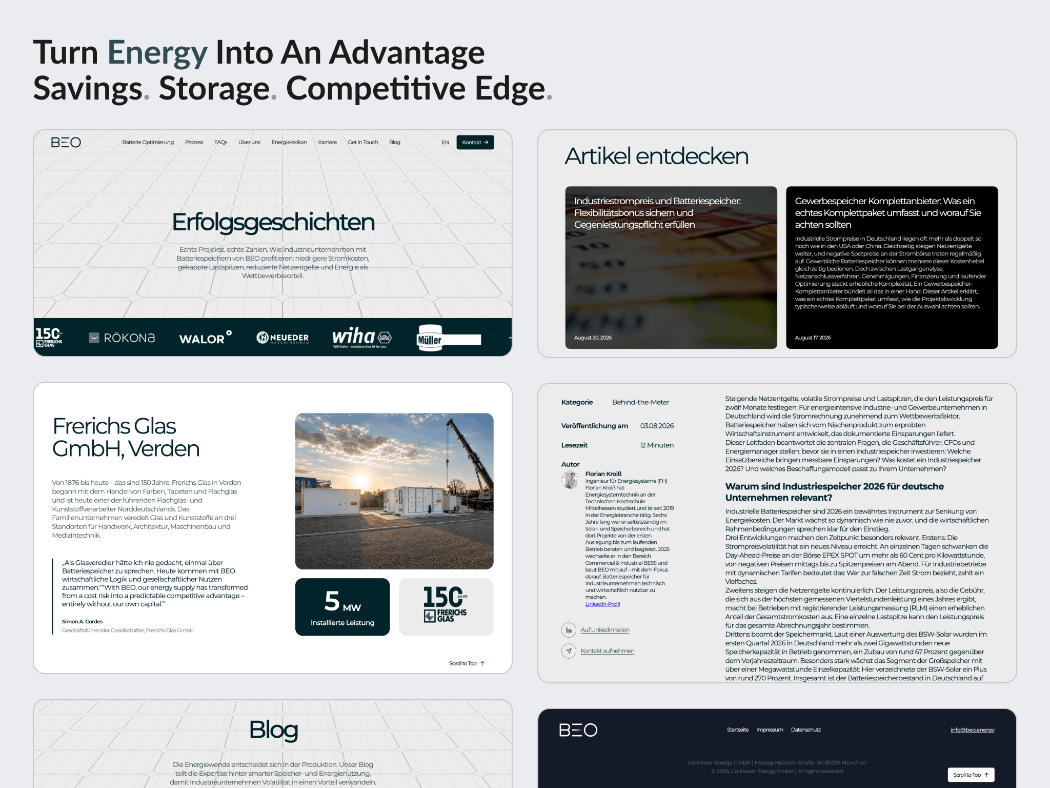 A German battery storage provider given a Webflow blog, a reusable article template and a Success Stories page, all built from the design language the site already had.