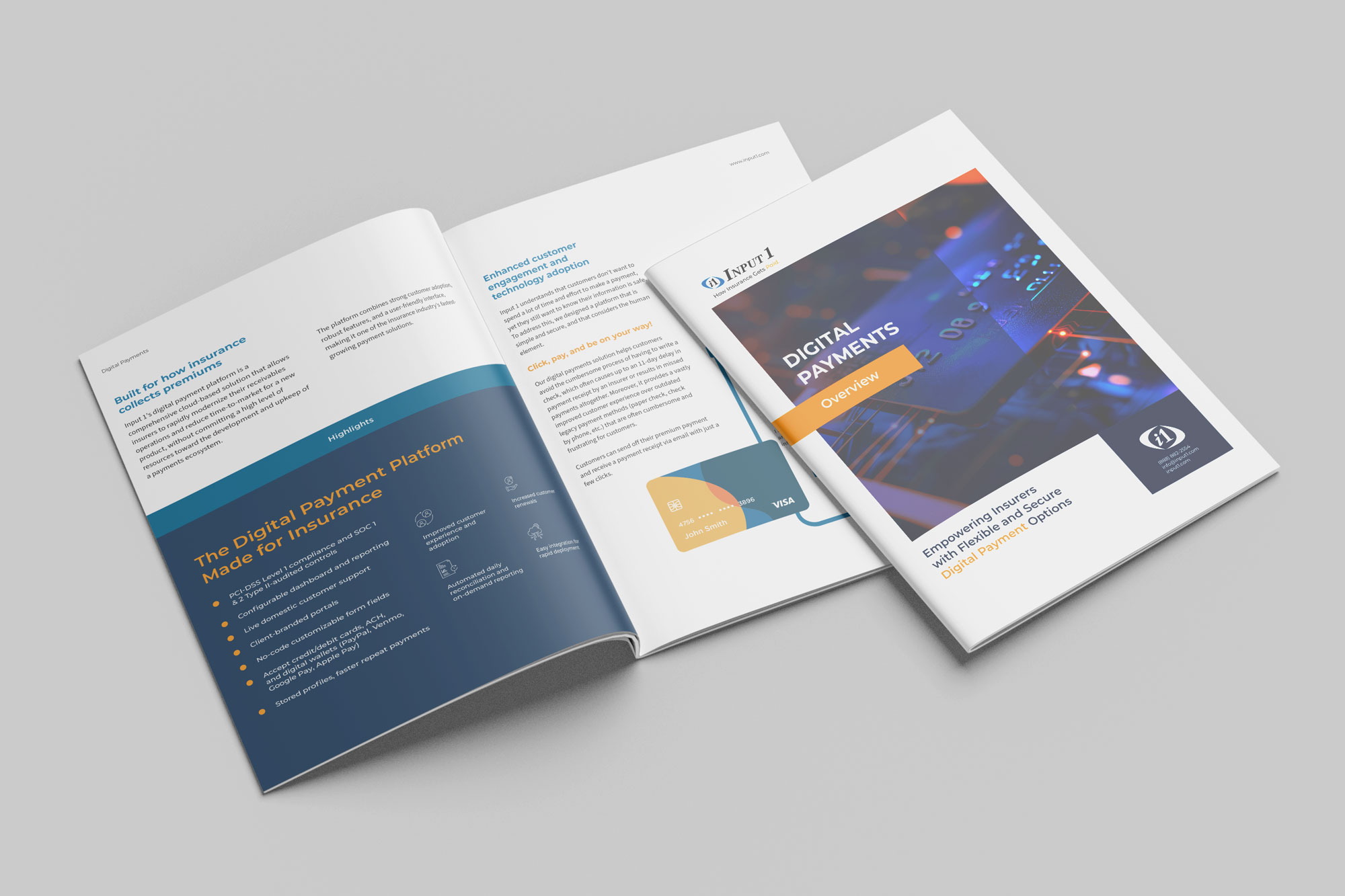 Digital payments brochure open to overview and highlights pages with a credit card image and text.