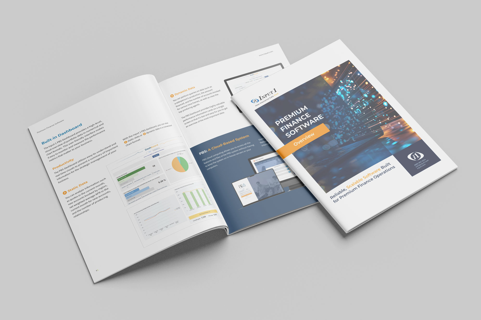 An overview brochure of Input 1 Premium Finance Software featuring a high-tech abstract cover with text highlighting it as reliable, scalable software built for premium finance operations, accompanied by an open spread showing a built-in dashboard with charts and descriptions of static data, dynamic data, and a cloud-based system.