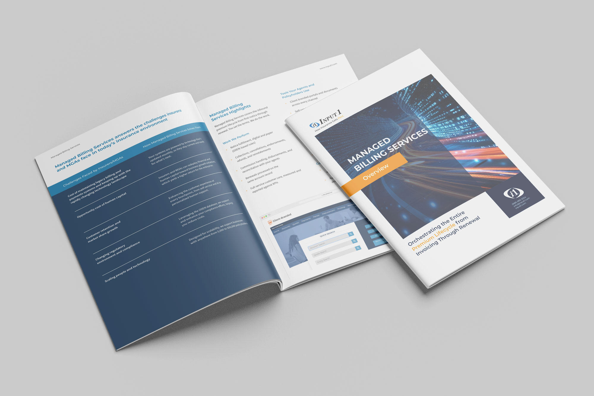 Open brochure showing a double-page spread and front cover about managed billing services, with sections detailing challenges faced by insurers and MGAs, how managed billing services solve them, service highlights, and tools used by agents and policyholders, featuring a technology-themed cover image and a layout with blue and white backgrounds.