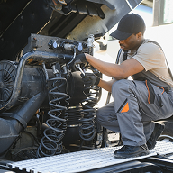 Mechanic in gray overalls inspecting or repairing a car engine with open hood.