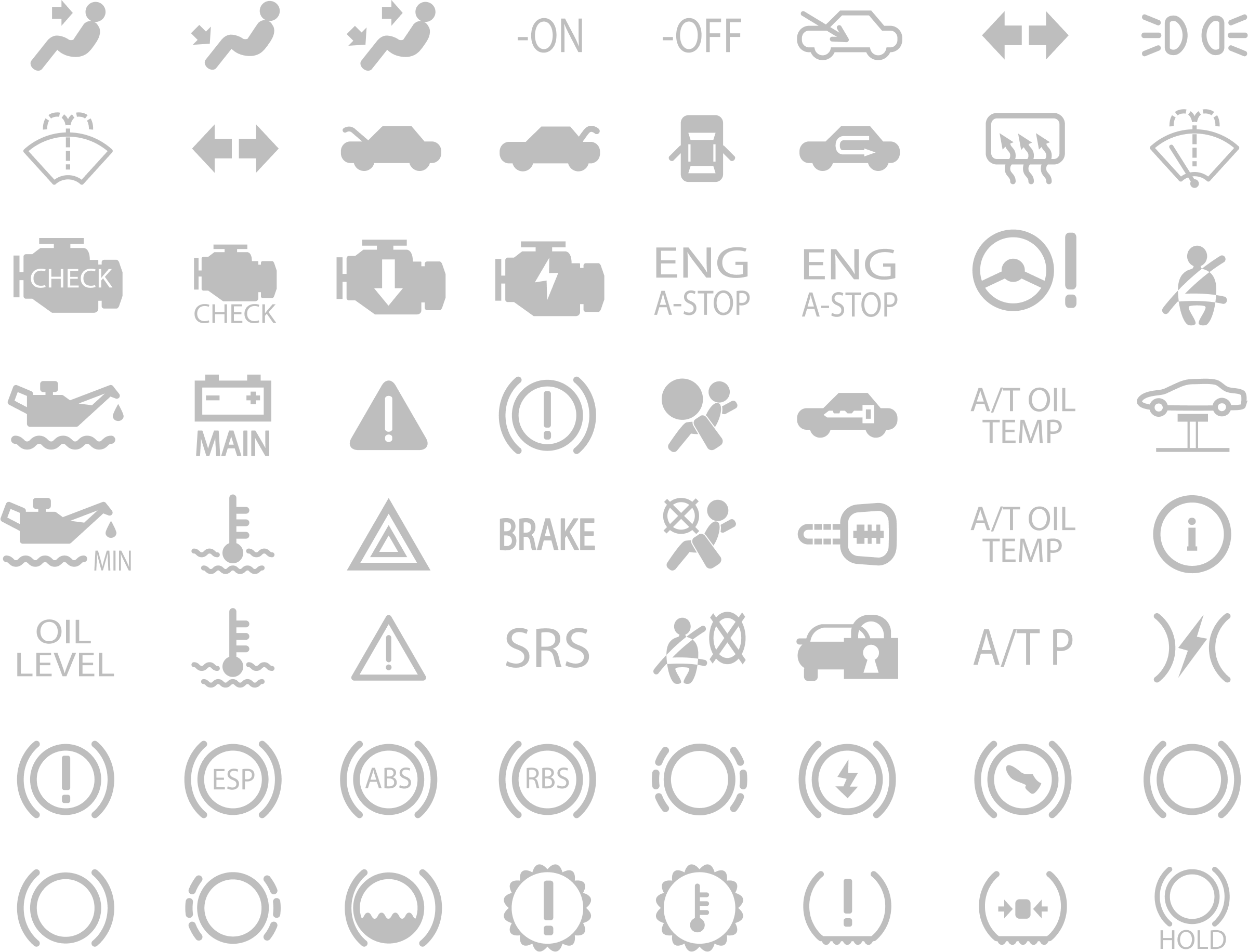 Grid of various gray automotive dashboard warning and indicator icons on black background, including engine check, seatbelt, oil level, ABS, brake, airbag, battery, temperature, door open, headlights, and others.
