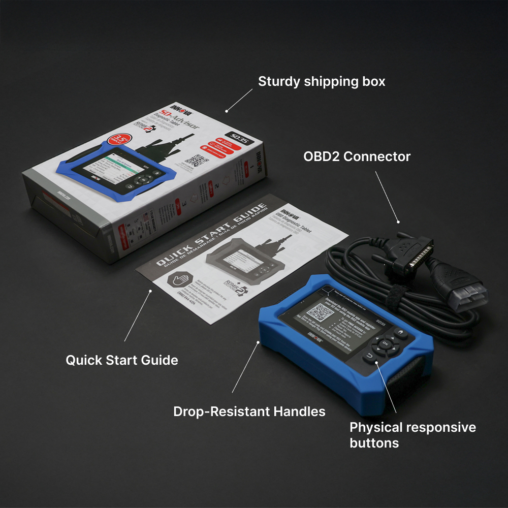 INNOVA SD-35 OBD2 diagnostic scanner with sturdy shipping box, quick start guide, OBD2 connector cable, blue drop-resistant handles, and physical responsive buttons on a dark surface.