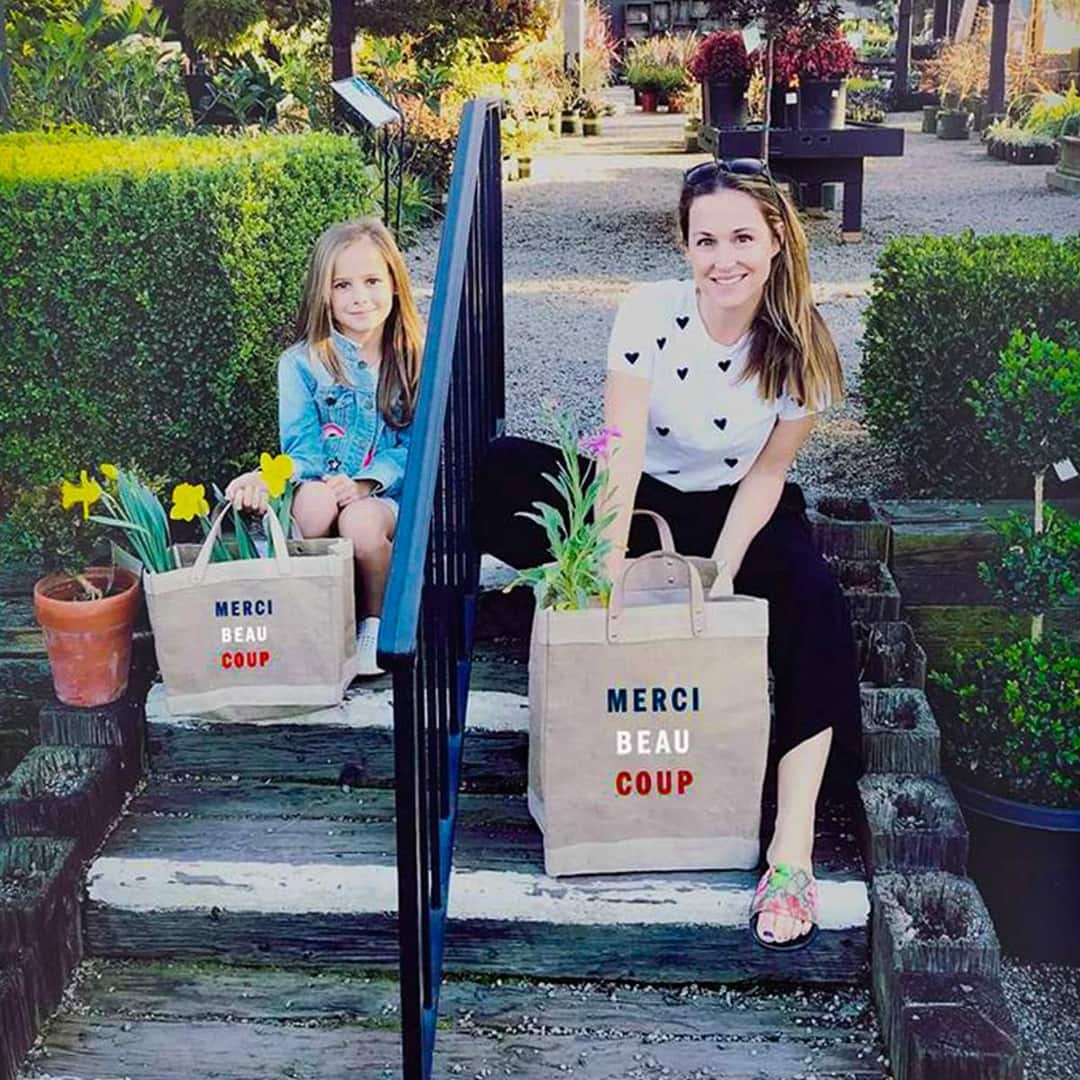 A customized market bag sitting on top of a table
