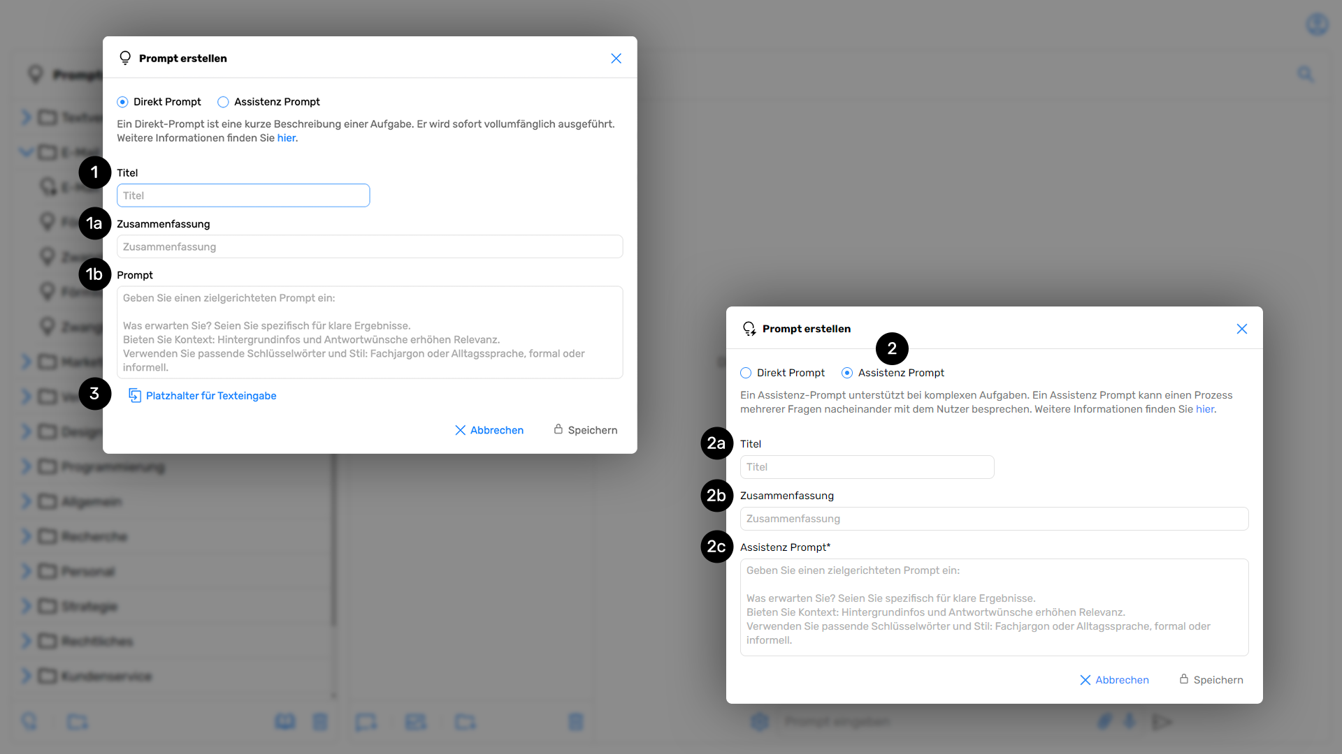Fenster zum Ertstellen von Direkt- und Assistenz-Prompts