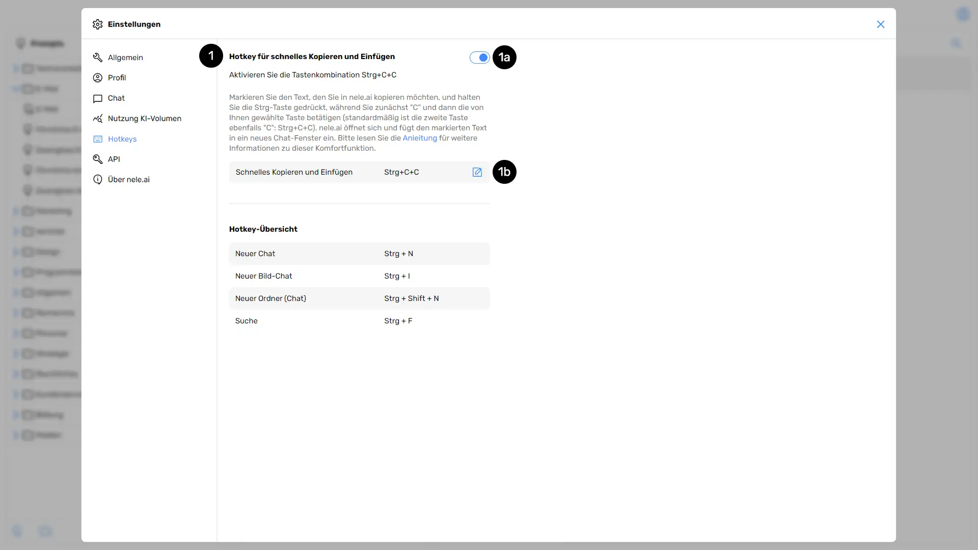 Hotkey-Einstellungen in nele.ai