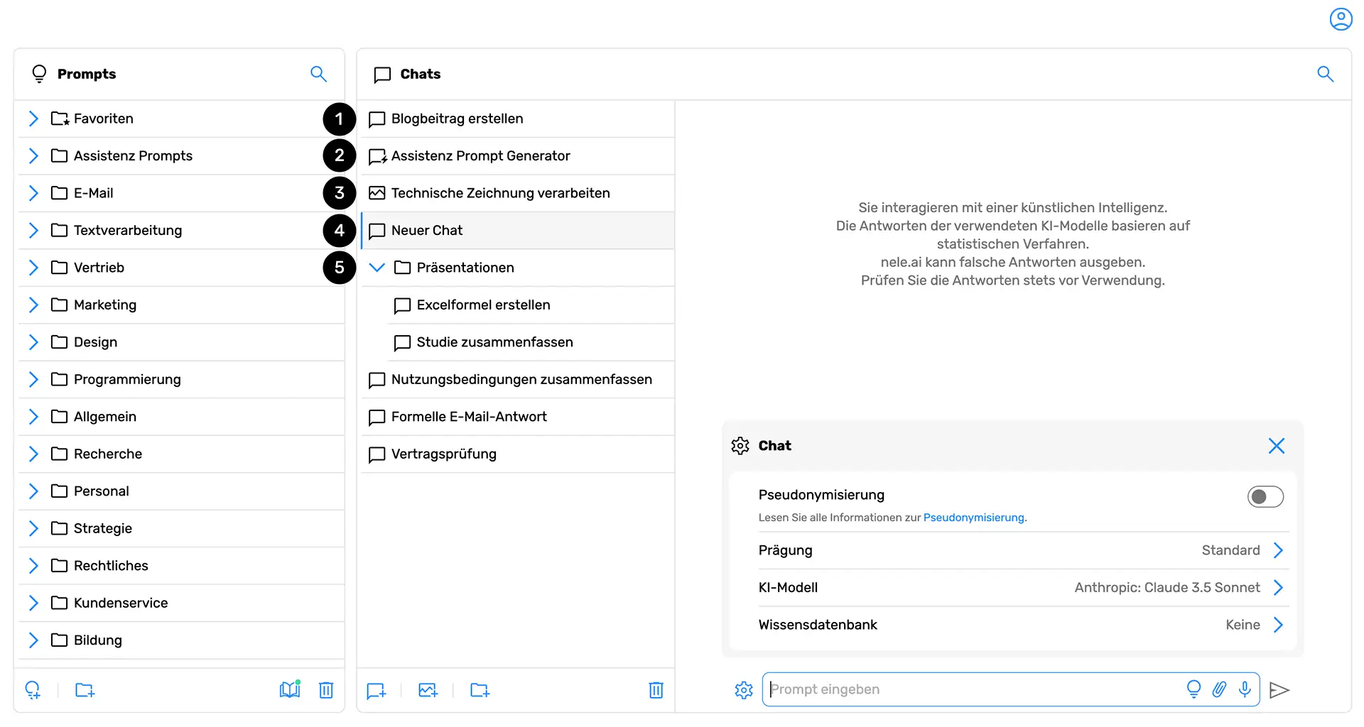 Die Chat-Übersicht von nele.ai mit verschiedenen Chat-Typen und Ordnern.