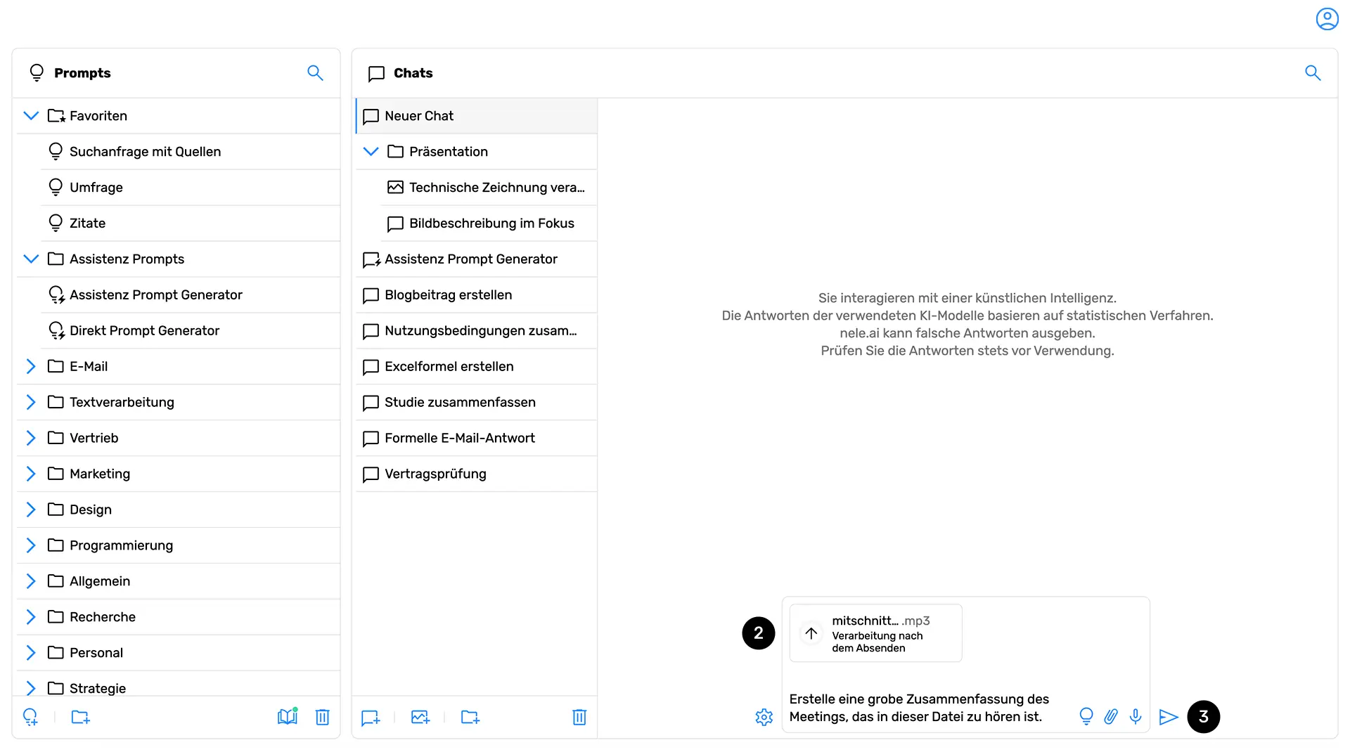 List of selected files in the nele.ai chat input.
