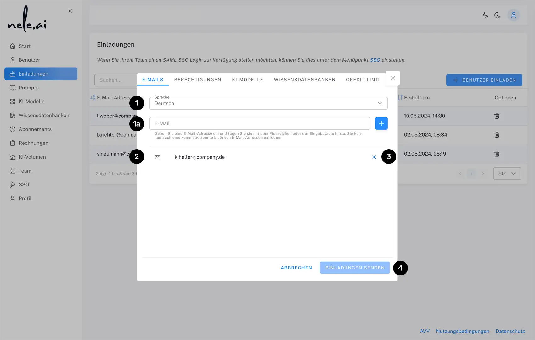 Nutzer werden in den Admin-Bereich über E-Mail-Adressen eingeladen.