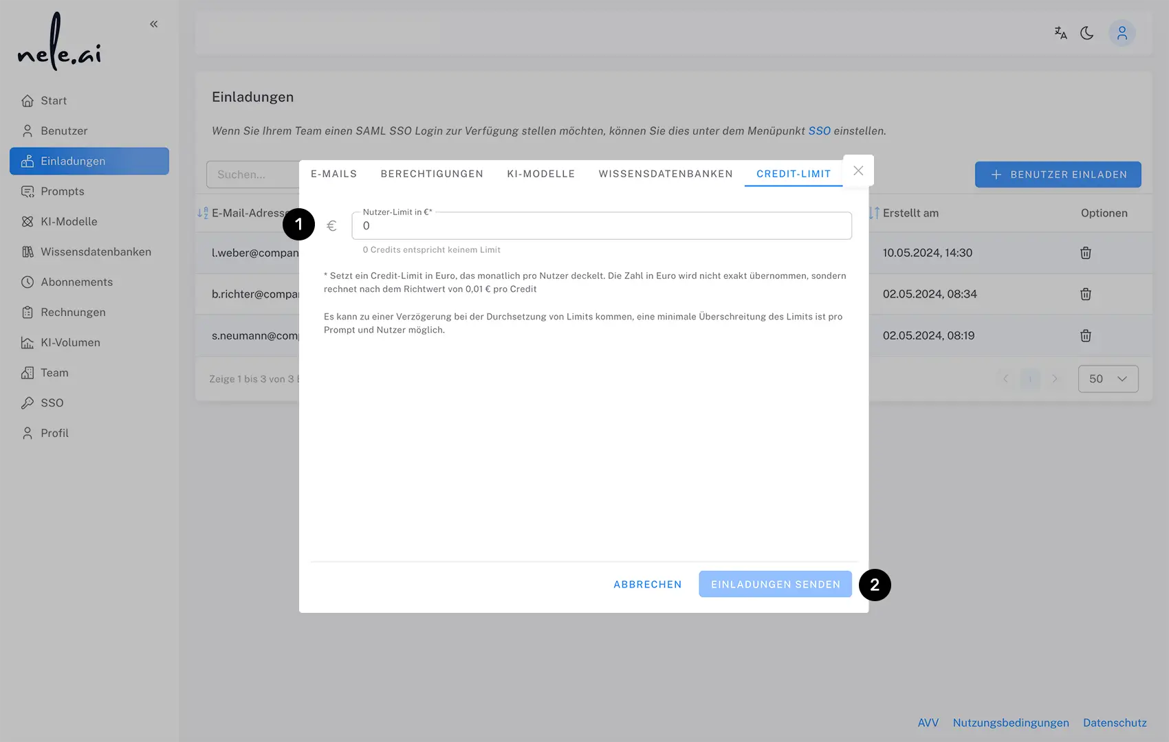 Ein Credit-Limit für Nutzer vergeben.