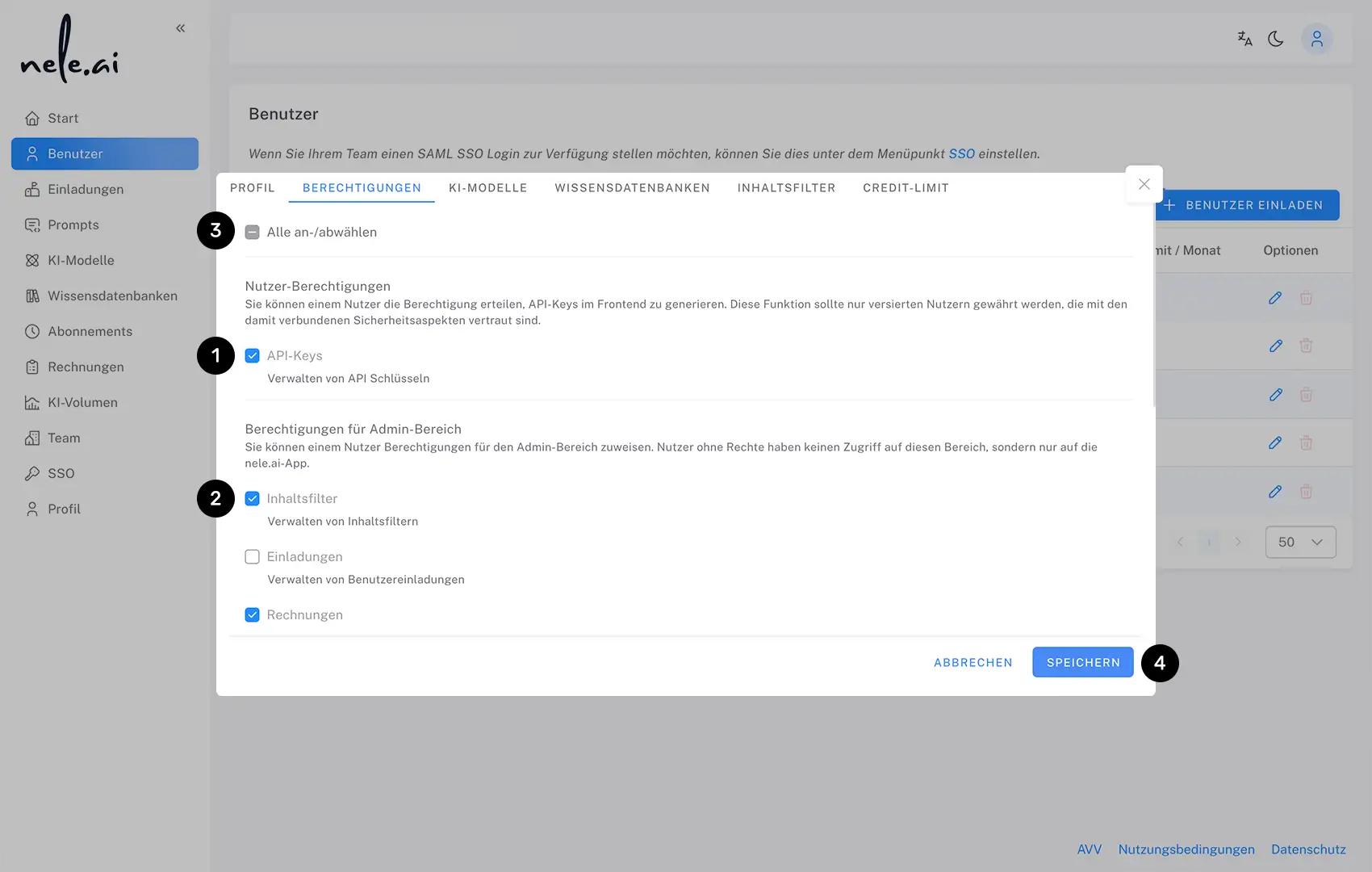 Assigning user permissions in the admin area