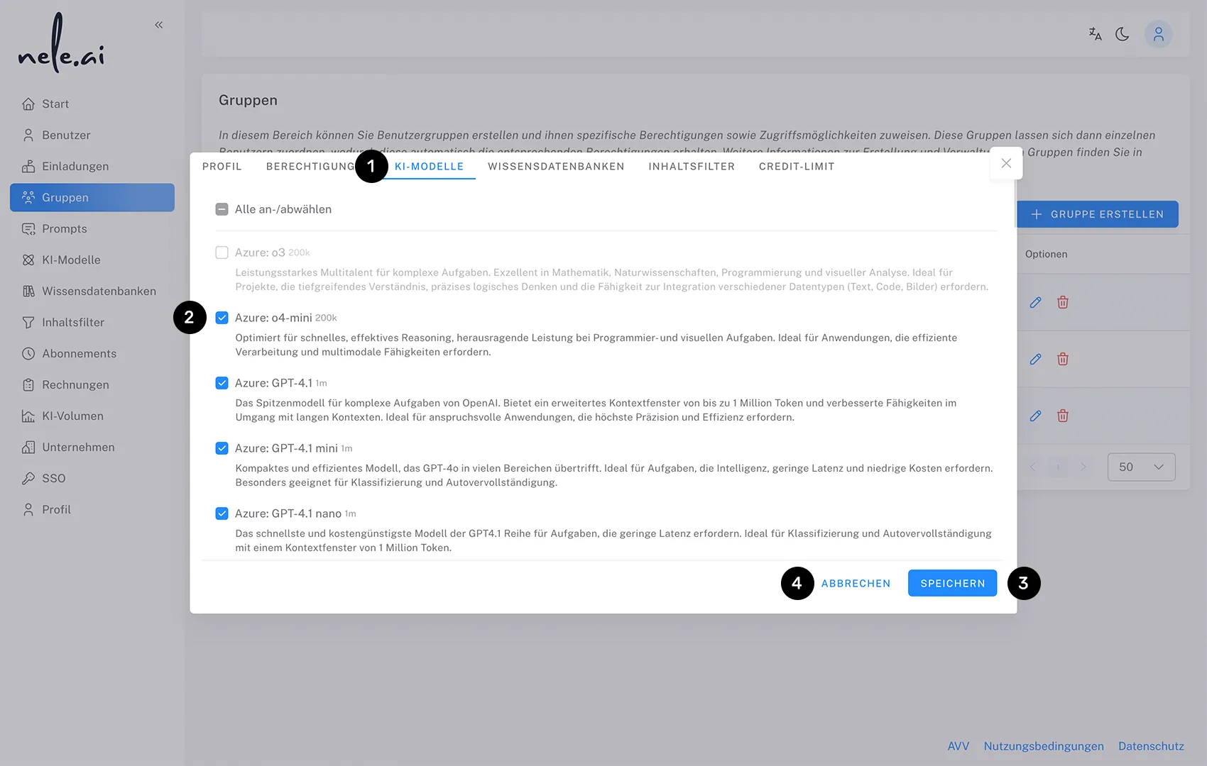 KI Modelle für Gruppen konfigurieren - Handbuch - nele.ai