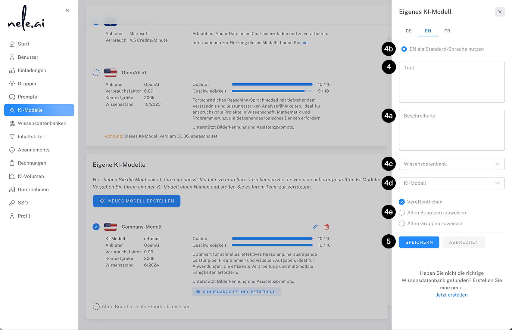 Erstellung eines eigenen Ki-Modells im Admin-Bereich.
