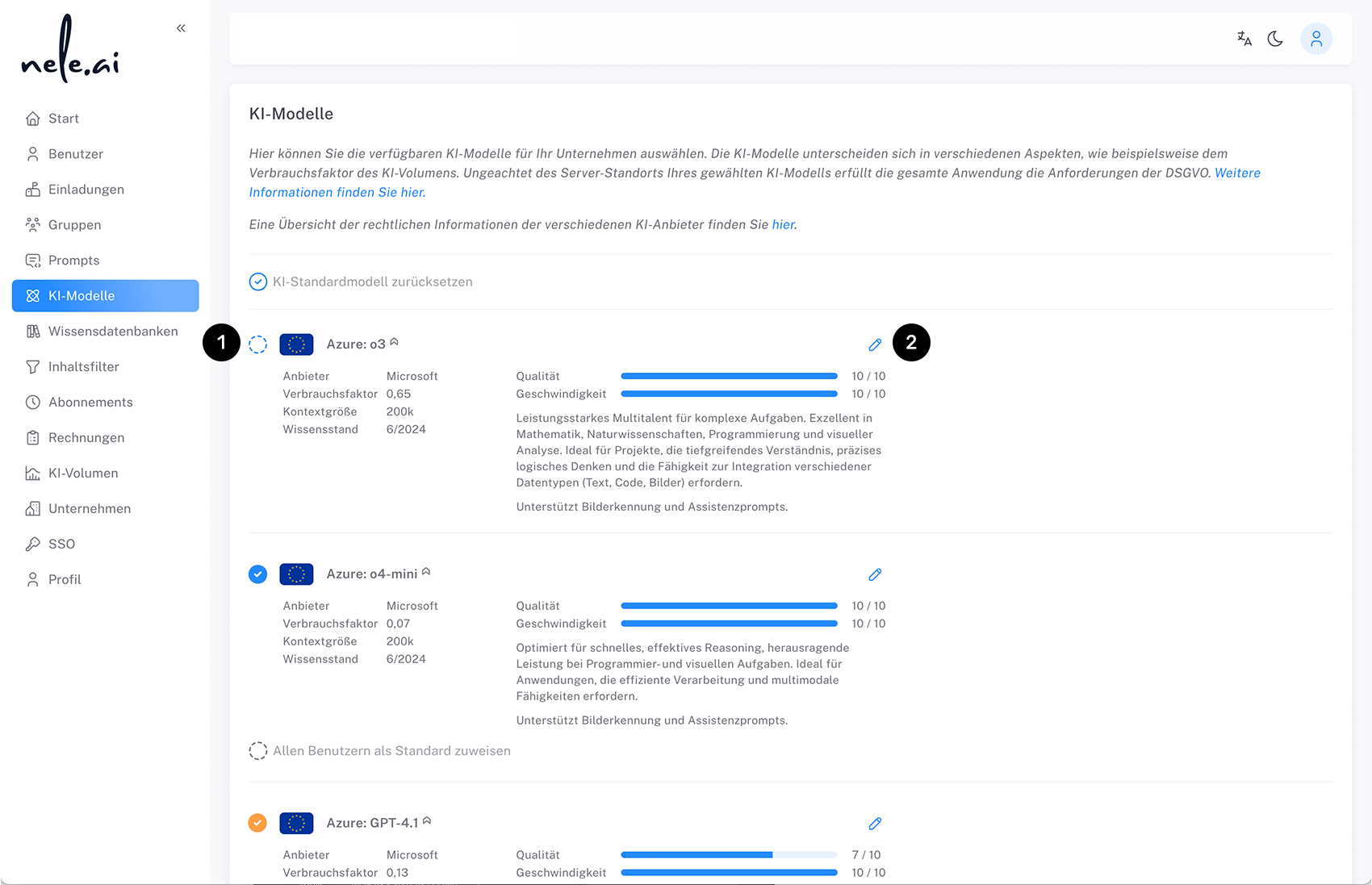 Liste der KI-Modelle im Admin-Bereich.