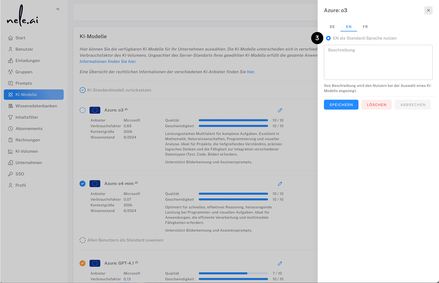Vergabe eigener KI-Modellbeschreibung im Admin-Bereich.