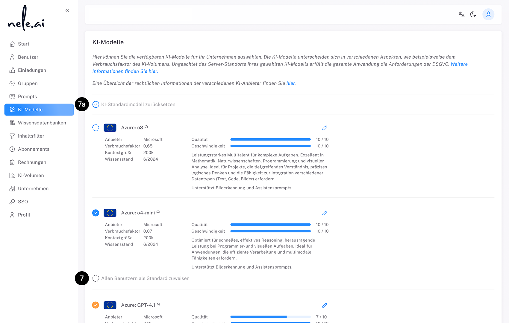 Zuweisung von KI-Modellen als Standard-Modell an Nutzern.