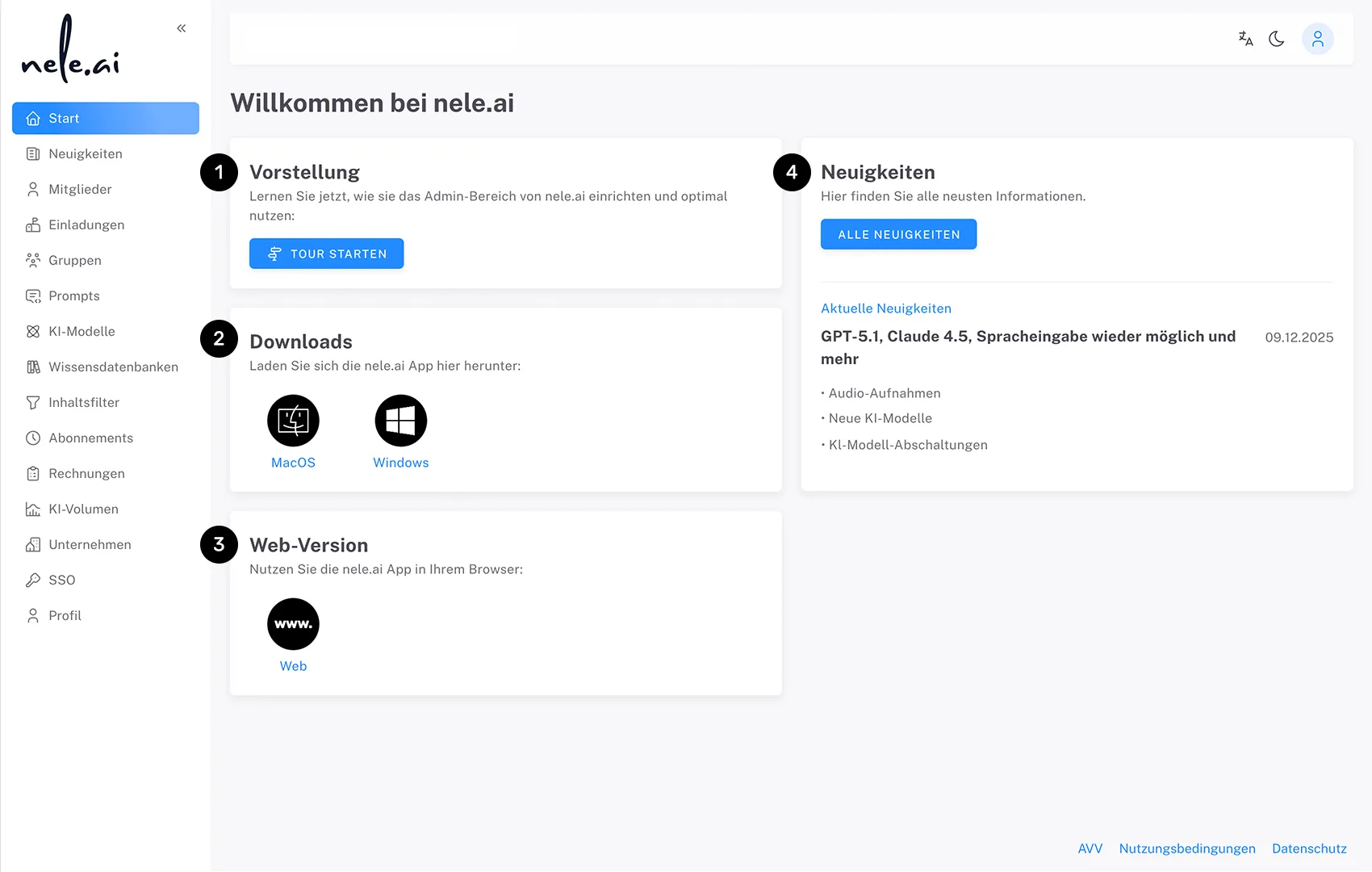 Sichere Künstliche Intelligenz für Unternehmen: Startansicht des Admin-Dashboards der KI-Plattform nele.ai.